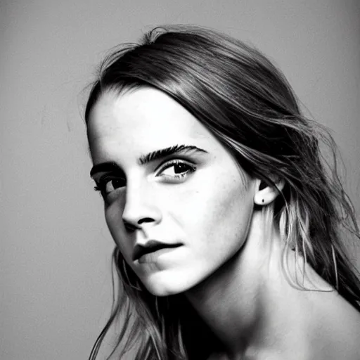 Image similar to Emma Watson closeup face shoulders very long hair Vogue fashion shoot by Peter Lindbergh fashion poses detailed professional studio lighting dramatic shadows professional photograph by Cecil Beaton, Lee Miller, Irving Penn, David Bailey, Corinne Day, Patrick Demarchelier, Nick Knight, Herb Ritts, Mario Testino, Tim Walker, Bruce Weber, Edward Steichen, Albert Watson