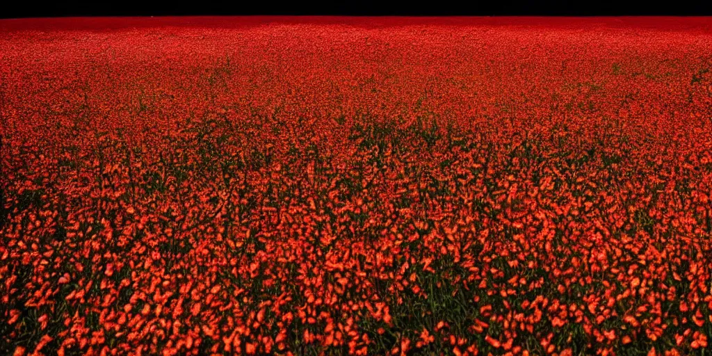 Prompt: a beautiful flower field made of fire in rain, professional photography
