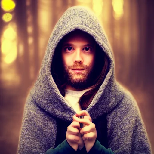 Image similar to portrait of a mysterious wizard with a Hood, bright eyes, fantasy, bokeh, magic lights, cinematic