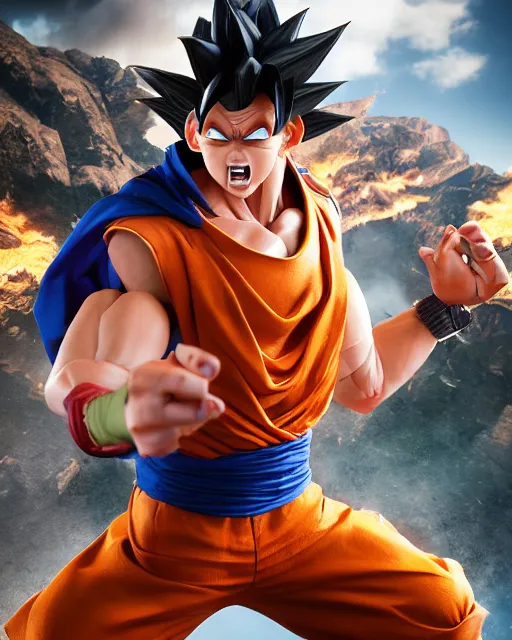 Image similar to 3 d high octane render, 8 k cgi, unreal engine, photorealistic goku, portrait, dynamic lighting, photorealistic, unreal engine, octane, ultra detailed, detailed faces, hd quality