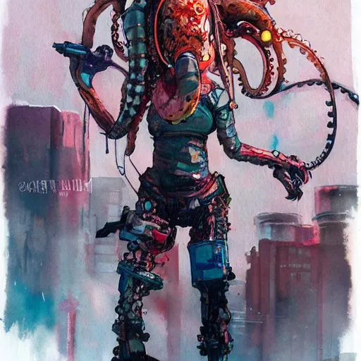 Image similar to Octopus girl playing R&R drum kit, cyberpunk, realistic, detailed, Industrial Scifi, paint, watercolor, in the style of Ashley Wood and Wadim Kashin