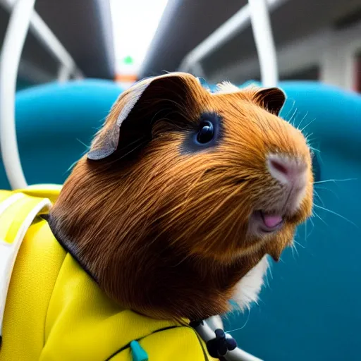 Prompt: a guinea pig wearing a yellow rucksack on the train