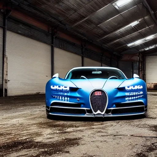 Image similar to an abandoned, derelict, ( really rusty ) bugatti chiron in a dirty warehouse