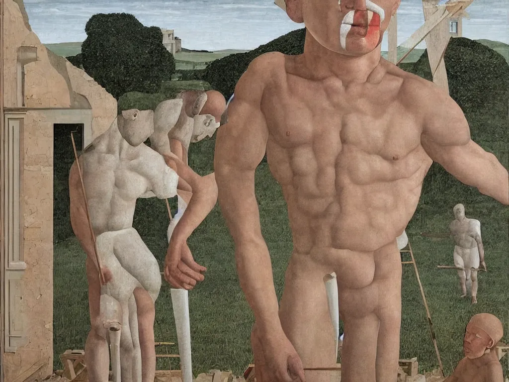 Prompt: House under renovation. The worker is muscular and has one eye with a red pupil in the middle of his face, like a cyclops. Painting by Alex Colville, Piero della Francesca.