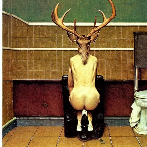 Prompt: norman rockwell painting of deer standing on two legs, back to camera, at a urinal in a men's bathroom