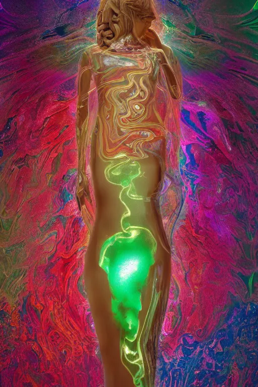 Prompt: transparent marble obsidian psychedelic jazz portrait of an angel, green silk, flowing water, glowing gold embers, spiritual vibes, glass flame, amaro, art nouveau, foamy bubbles, redshift render, cgi, 3 d, hyper - detailed, ultra - realistic, photo - bash, 8 k post - production, masterpiece