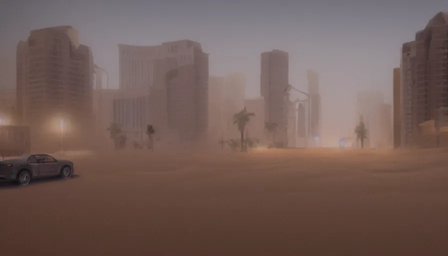 Image similar to Las Vegas under a lot of sand during a sandstorm by David Mcleod, hyperdetailed, artstation, cgsociety, 8k