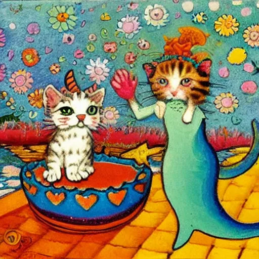 Image similar to a kitten meets a mermaid, Louis William Wain,