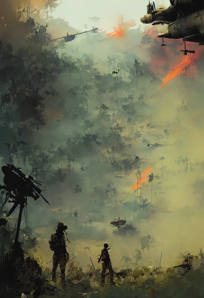 Image similar to ismail inceoglu epic painting of vietnam war, year 1 9 7 0, jungle, fire smoke and explosions, painting, line art, art concept for a book cover, trending on artstation, by greg manchess and by craig mullins and by kilian eng and by jake parker