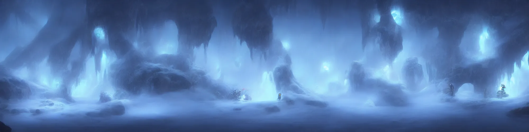 Image similar to huge snow cave with cinematic lighting in the style of ori and the blind forest, highly detailed, digital art 4k, 8k