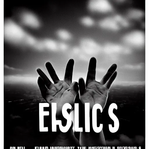 Image similar to three realistic eyes and hands floating in the sky over a city, high contrast, low key, black and white, vintage poster, film grain