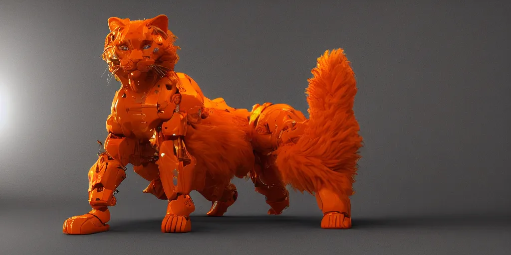 Prompt: a big orange artificial maine coon cat made of shiny plastic, [ scifi, robot, epic, cinematic, 8 k, octane render, ultra detailed, intricate, ornate, cybernetics, giger, biomechanical ]