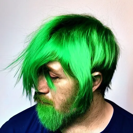 Image similar to a sad man with green hair