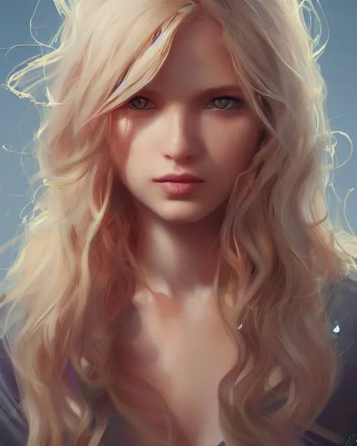 Image similar to portrait of a beautiful girl, flowy blonde hair, cinematic lighting, highly detailed, digital painting, trending on artstation, pixiv, concept art, sharp focus, illustration, art by ross tran and wlop