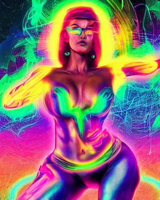 Image similar to a powerful energy psychedelic neon woman, by alexander fedosav, hyper detailed digital matte painting, concept art, hyperrealism, 1 6 k resolution, cinema 4 d, 8 k resolution, trending on artstation, behance hd, a masterpiece, by stephan martiniere, particles, cel - shaded, power bright neon energy, by david a. hardy,