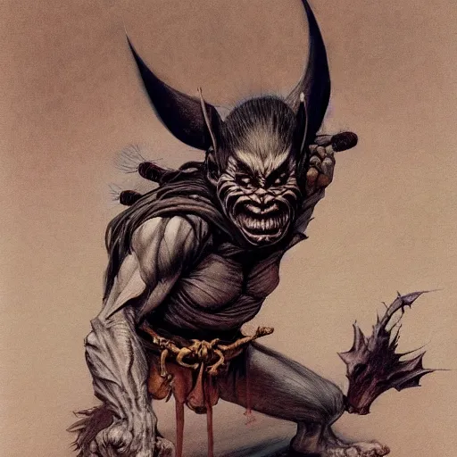 Prompt: quarter length portrait of a japanese hobgoblin, d & d, fantasy, greg rutkowski, frank frazetta, alexandre chaudret, boris vallejo, michael whelan, miro petrov, hr giger, magali villeneuve, donato giancola