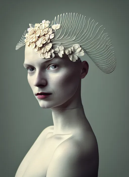 Prompt: portrait photography of a beautiful woman in style of Flora Borsi, britt marling style 3/4 , natural color skin, complex 3d render ultra detailed of a beautiful porcelain profile, biomechanical cyborg, analog, 50 mm lens, beautiful natural soft light, big leaves and stems, roots, fine foliage lace, silver white red details, Alexander Mcqueen high fashion haute couture, pearl earring, art nouveau fashion embroidered, steampunk, intricate details, mesh wire, mandelbrot fractal, anatomical, facial muscles, cable wires, microchip , elegant, hyper realistic, ultra detailed, octane render, H.R. Giger style, volumetric lighting, 8k post production