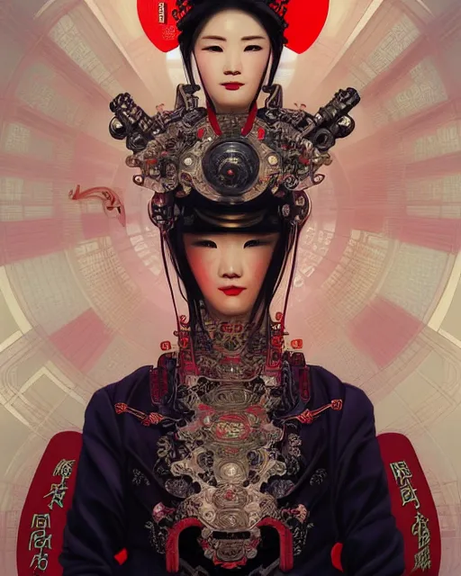 Prompt: portrait of a chinese masculine female cyberpunk machine, machine face, upper half portrait, decorated with chinese opera motifs, muscular, asian, fine china, wuxia, traditional chinese art, intricate intense elegant, highly detailed symmetry headpiece digital painting artstation concept art smooth sharp focus illustration, art by artgerm and greg rutkowski alphonse mucha 8 k