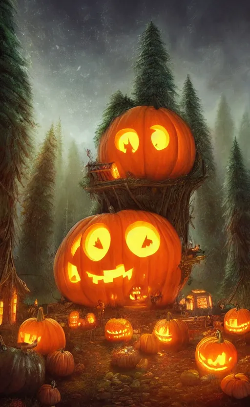 Prompt: a giant pumpkin cabin in the middle of a forest at night, the lights are on, dynamic lighting, photorealistic fantasy concept art, trending on art station, stunning visuals, creative, cinematic, ultra detailed