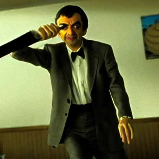 Prompt: film still of Mr Bean in Kill Bill