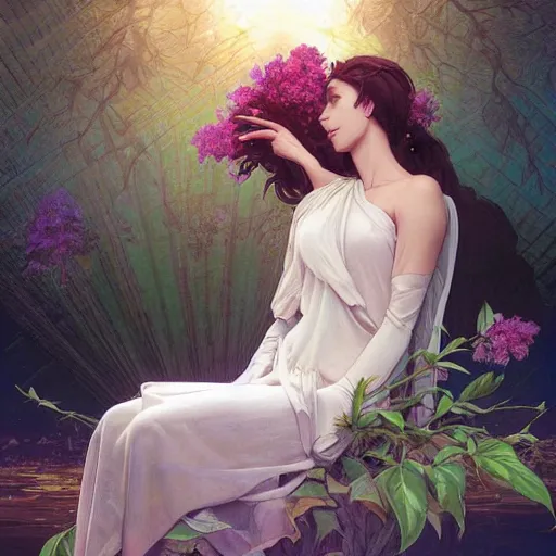 Image similar to surreal beautiful young woman, sitting with flowers, detailed gorgeous face turning into a tree, leaves, dark, ominous, sad eyes, vaporwave aesthetic, synthwave , digital painting, artstation, concept art, smooth, sharp focus, illustration, art by artgerm and greg rutkowski and alphonse mucha