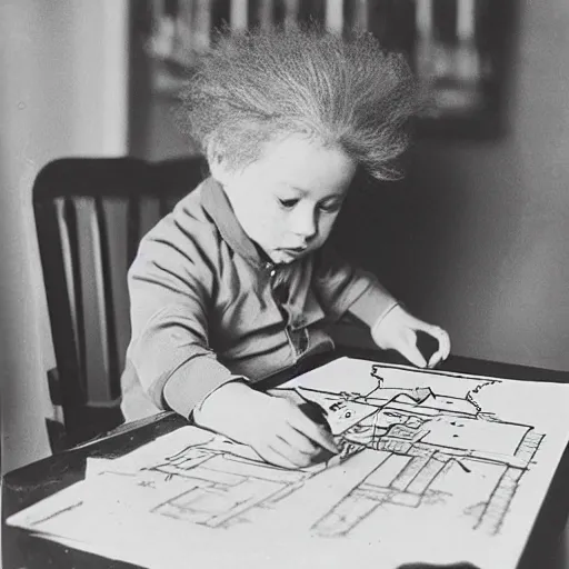 Image similar to Baby Albert Einstein making a crayon drawing of plans for a rocket