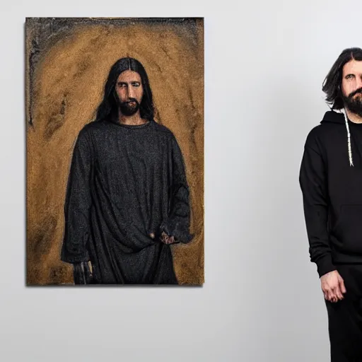 Image similar to a full body portrait of modern day jesus wearing yeezus streetwear hoodie and pants by nicola samori, oil painting, realistic, 8 k, adidas sneakers style