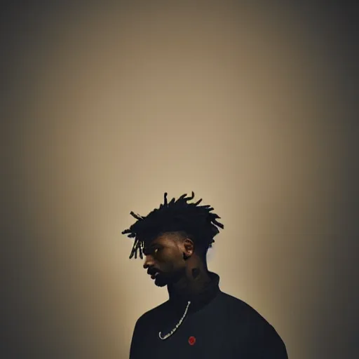 Prompt: a photo of a beautiful 2 1 savage. moody and melanchony, dramatic lighting. with a little bit of tasteful yellow and red.