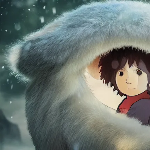 Prompt: guy with a furr creature,rain, kid and animal, climatic atmosphere made by studio ghibli, smooth, detailed face,, beautiful scene, 8k, clear