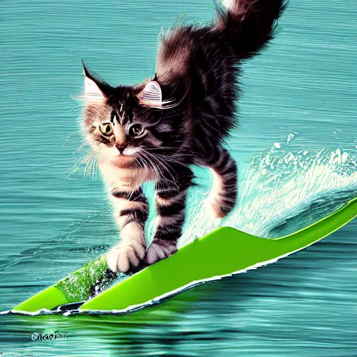 Prompt: Maine coon kitten is a Water skiing champion, action shot. Digital art