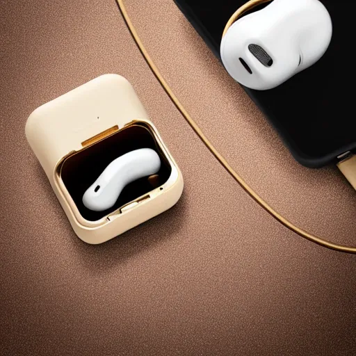 Prompt: a single beige truly wireless earbud with gold accents, beige case, studio, product photo