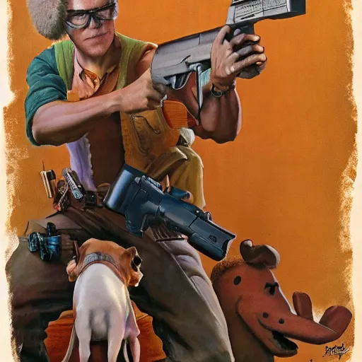 Image similar to Scooby Doo holding a gun, by norman rockwell, trending on artstation, highly detailed, 8k, beautiful, dynamic lighting, realistic fur