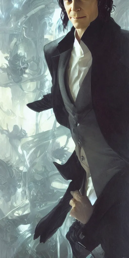 Image similar to Loki in a business suit, artists portrait, fantasy, highly detailed, digital painting, concept art, sharp focus, depth of field blur, illustration, art by artgerm and greg rutkowski and alphonse mucha