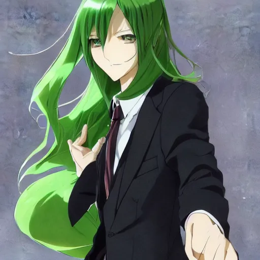 Image similar to full body portrait character concept art, anime key visual of decadent green long straight hair young anime male in black suit, green long straight hair and brown eyes, finely detailed perfect face studio lighting delicate features directed gaze, gapmoe kuudere grimdark, trending on pixiv fanbox, painted by greg rutkowski makoto shinkai takashi takeuchi studio ghibli