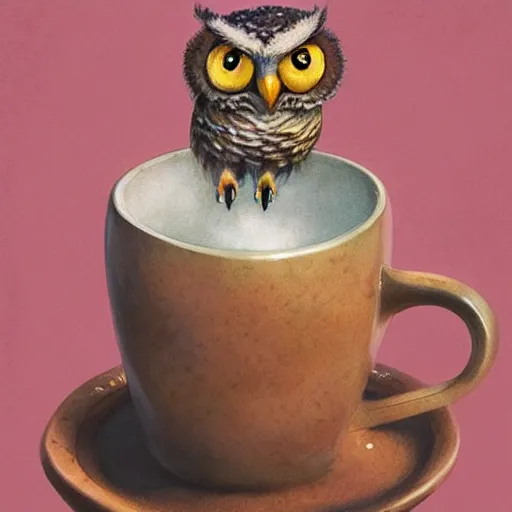 Image similar to long shot of a very cute young owl sleeping in a tea cup, by esao andrews, by james jean, marc simonetti, humorous illustration, hyperrealistic, big depth of field, fresh colors, dim light, 3 d octane render conceptart, 4 k, hyperdetailed, trending on artstation