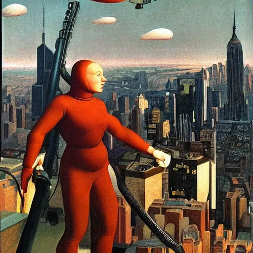 Image similar to yoked physique ultimate space villain super granny flies above new york city with her vacuum cleaner orwellian themes konstantin vasilyev grant wood jan van eyck john steuart curry