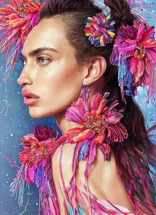 Image similar to beautiful portrait of Irina Shayk wearing dramatic Hand-dyed cotton dress,embellished beaded feather decorative fringe knots ,colorful pigtail,subtropical flowers and plants,symmetrical face,intricate,elegant,highly detailed,8k,digital painting,trending on pinterest,harper's bazaar,concept art, sharp focus, illustration, by artgerm,Tom Bagshaw,Lawrence Alma-Tadema,greg rutkowski,alphonse Mucha