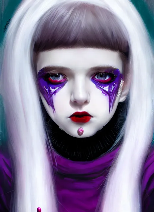 Image similar to portrait of white teenage girl, normal face, white bangs, mall goth, cyberlox, black and white hair, bangs, fluffy bangs, red contact lenses, purple lipstick, intricate, elegant, highly detailed, digital painting, artstation, concept art, sharp focus, smooth, illustration, art by wlop, mars ravelo and greg rutkowski