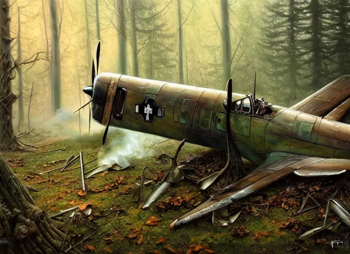 Image similar to a small german ww 2 crashed airplane shot down in the forest, crashed, burning, intricate, elegant, highly detailed, centered, digital painting, artstation, concept art, smooth, sharp focus, illustration, artgerm, tomasz alen kopera, peter mohrbacher, donato giancola, joseph christian leyendecker, wlop, boris vallejo