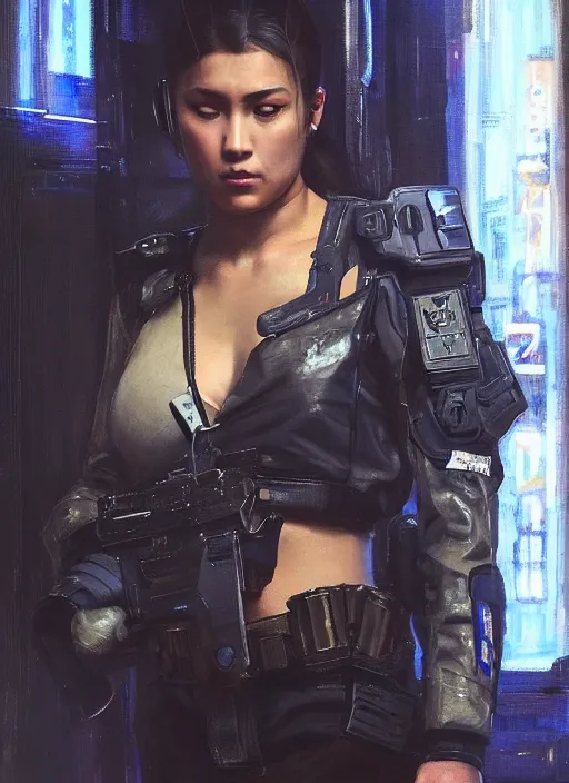 Image similar to Nikki tanaka. beautiful cyberpunk female USN marine wearing a military vest and military stealth suit (cyberpunk 2077, bladerunner 2049). gorgeous face. Iranian orientalist portrait by john william waterhouse and Edwin Longsden Long and Theodore Ralli and Nasreddine Dinet, oil on canvas. Cinematic, hyper realism, realistic proportions, dramatic lighting, high detail 4k