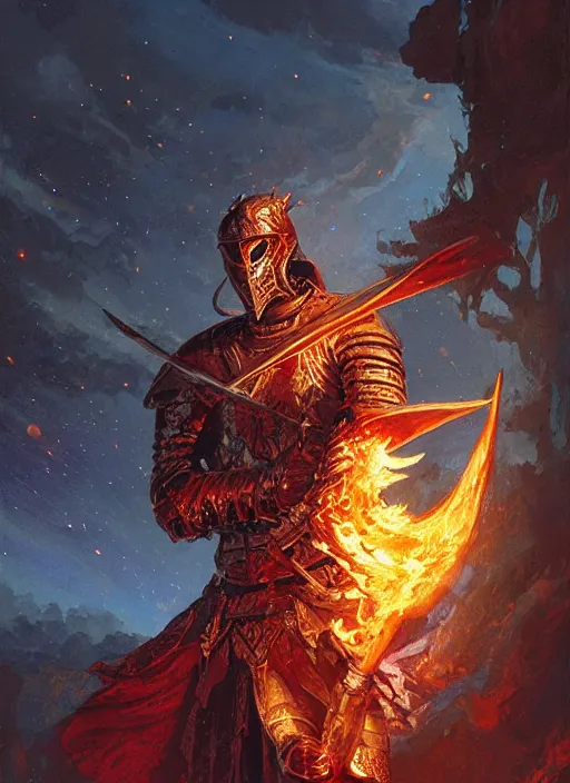 Prompt: a knight wielding a flaming sword, night sky, intricate, highly detailed, digital painting, artstation, concept art, perfect composition, dynamic lighting, illustration, sharp focus, art by ralph horsley and greg rutkowski
