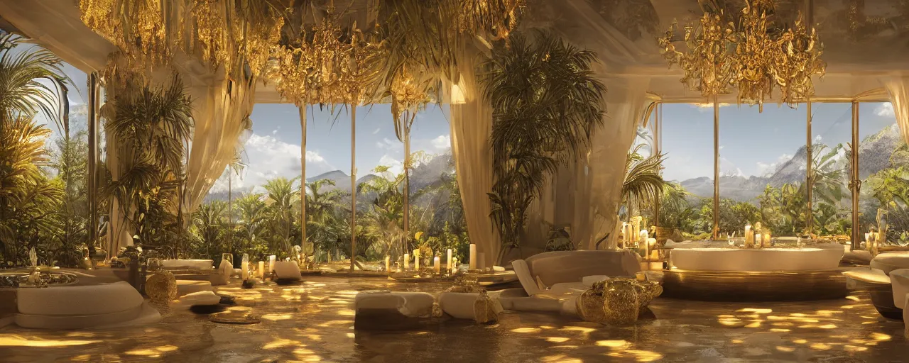 Image similar to surreal hyper luxury spa with intricate golden details with view to arid mountains and palm forest, god rays, light ray beam, candles, ultra detailed, photorealism, sharp focus, volumetric light, global illumination