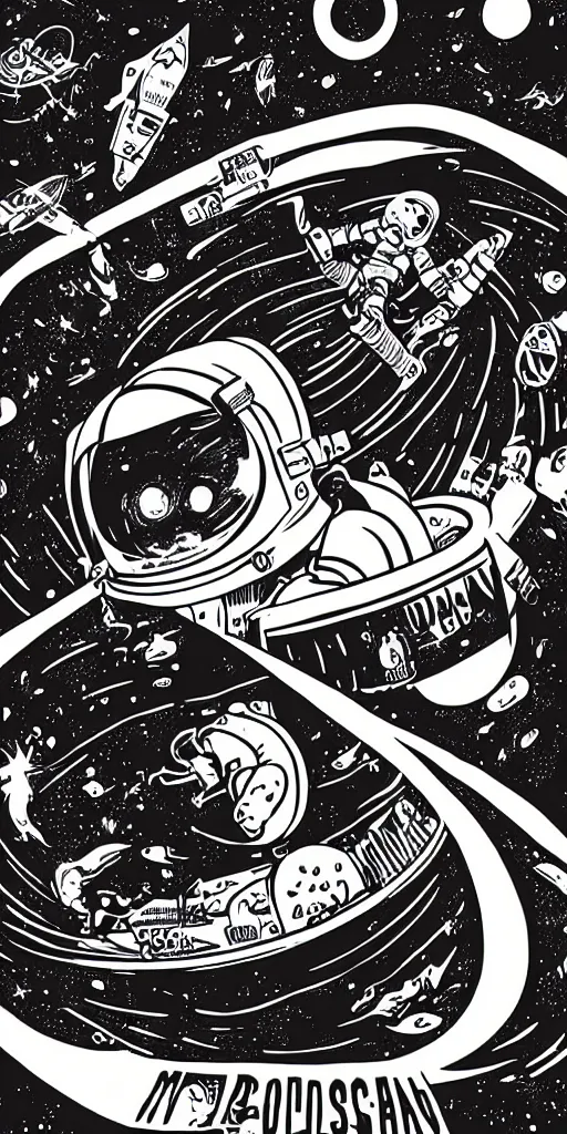 Prompt: mcbess poster in full color, astronaut drifting into a black hole