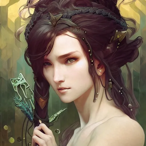 Image similar to breathtaking epic fantasy portrait of a female fighter in epic fantasy arena,, sunny weather, intricate, matte, sharp focus, illustration, art by Artgerm and Hsiao-Ron Cheng and Alphonse Mucha,, RPG portrait