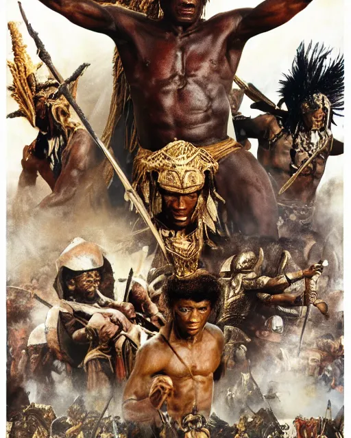 Image similar to Movie poster of Shaka Zulu, Highly Detailed, A master piece of storytelling, wide angle, cinematic shot, Battle, War, Violent, highly detailed, cinematic lighting, by frank frazetta + ilya repin , 8k, hd, high resolution print