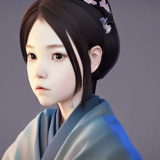 Image similar to Clothed kimono. realistic style at CGSociety by WLOP,ilya kuvshinov,krenz cushart,Greg Rutkowski,trending on artstation.Zbrush sculpt colored,Octane render in Maya,Houdini VFX.Realistic fantasy cute young girl who is dark disciple,expressing joy,wearing kimono, silky hair, blue eyes.Oil painting.Cinematic dramatic atmosphere,sharp focus,soft volumetric studio lighting.