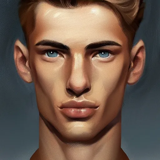 Image similar to man in his twenties with brown blond short quiff hair and thin slightly round facial structure with cleft chin, straight eyebrows and prominent nose, good definition of cheekbones, big hazel nut brown eyes, narrow face, slim body, atmospheric lighting, painted, intricate, 4k, highly detailed by Charlie Bowater