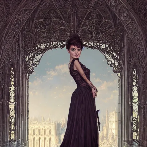 Image similar to audrey hepburn in an epic victorian novel, inside an ornate castle, intricate, elegant, highly detailed, digital painting, artstation, matte, illustration, art by artgerm, greg rutkowski, loish, rhads, ferdinand knab, makoto shinkai, lois van baarle, ilya kuvshinov, rossdraws, tom bagshaw