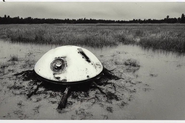 Image similar to old polaroid of a rusted ufo landed on a swamp, black and white, wide angle