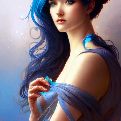 Prompt: goddess, blue hair, intricate, elegant, ethereal, highly detailed, retro, digital painting, artstation, concept art, smooth, sharp focus, full shot, illustration, art by artgerm and greg rutkowski and alphonse mucha